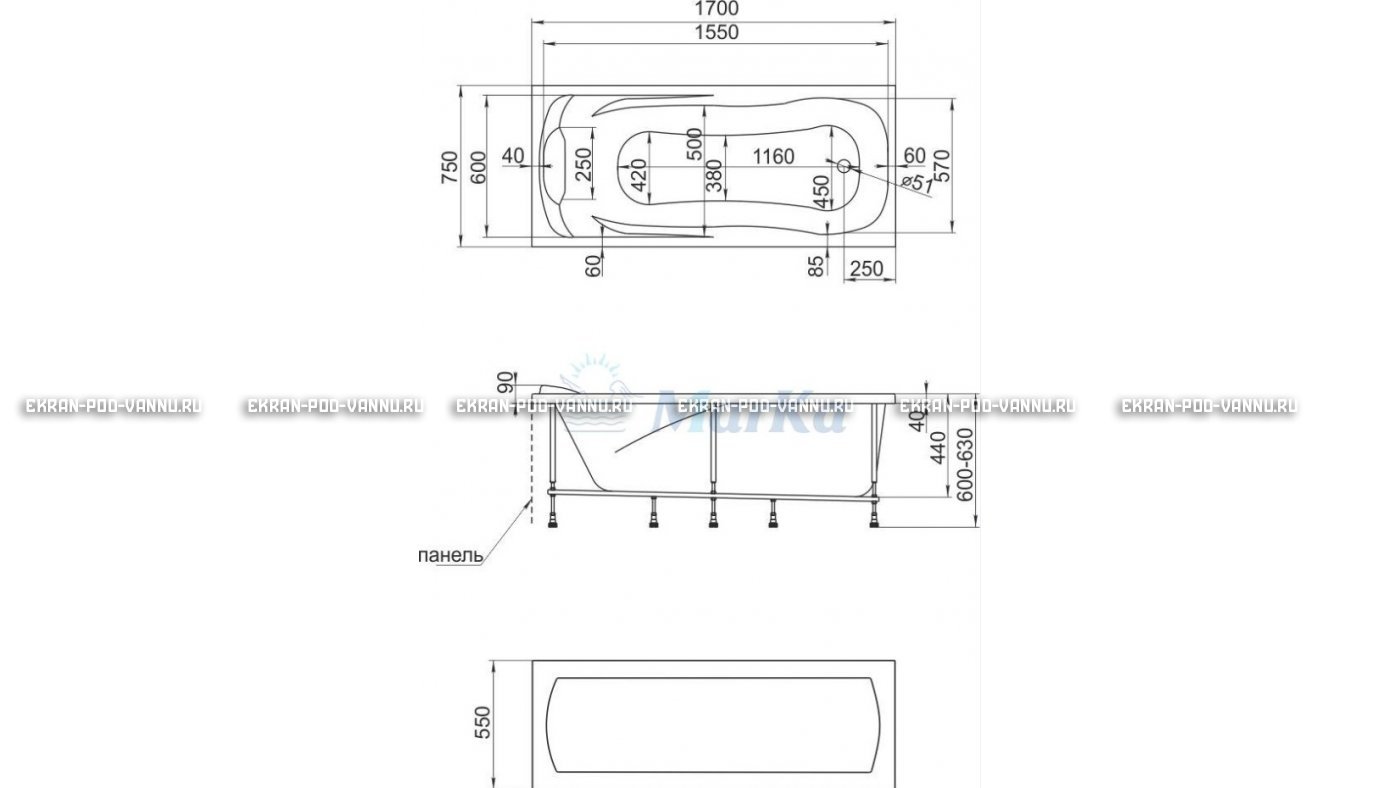 Акриловая ванна 1MarKa Calypso 170x75 – купить по цене 13950 руб. в интернет-магазине в городе Курск картинка 22