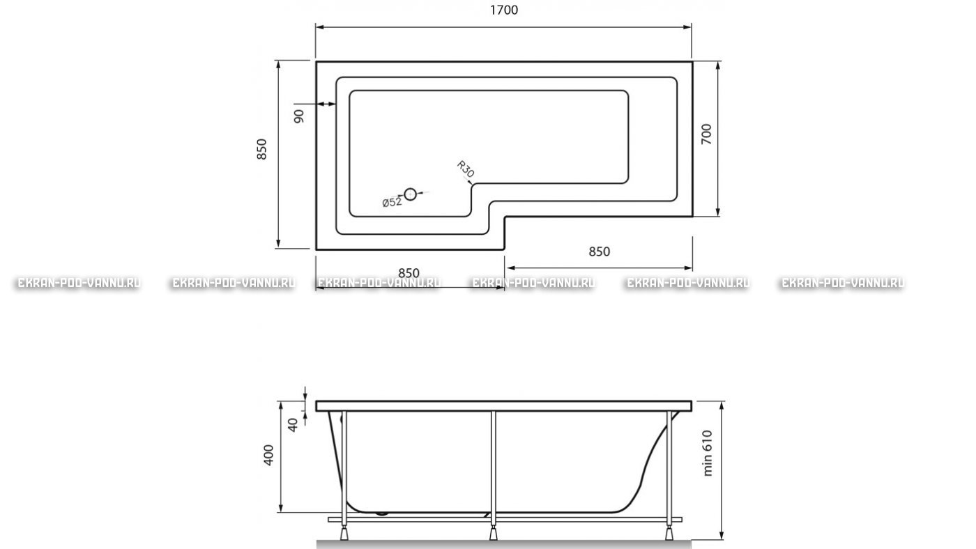 Акриловая ванна Vayer Options 170х70/85 – купить по цене 24110 руб. в интернет-магазине в городе Курск картинка 13